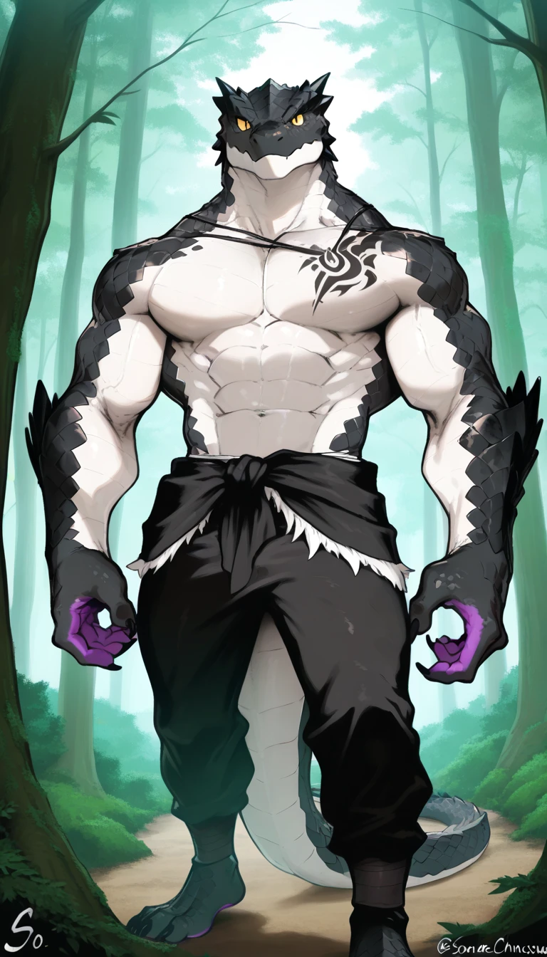 (High resolution, best quality, masterpiece), detailed, ultra detail, 1male, physically fit, masculine male, muscular body, fierce expression, dark eyes, (detailed eyes), Yellow hair, short length hair, full body, ((dragon horns)), ((face: dragon scales)), face covered in scales, human body, human skin ((topwear: fur lined coat, bottomwear: baggy jeans)), snowy background, part draconic, somber expression, inhuman, reptilian skin, close up