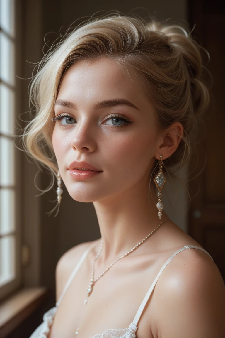 1人の女性, Women similar to Grace Kelly, smil, Looking at the camera, Pearl White V Neck Dress, Photorealsitic, Best Quality, intricate and delicate, 8k wallpaper, top-quality, masterpiece, realisitic, ultra-detailliert