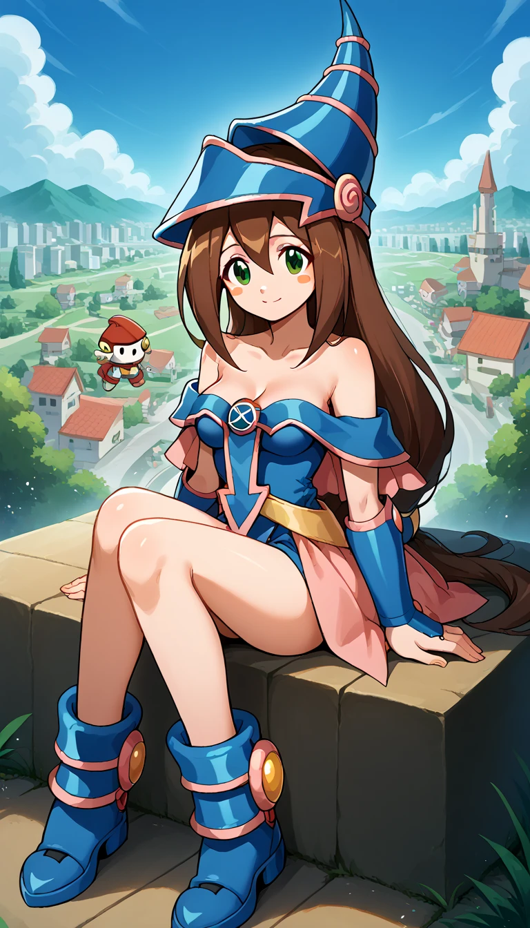 score_9, score_8_up, score_7_up, source_animedark magician girl cosplay, dark magician girl (cosplay), bare shoulders, blue footwear, blush, blush stickers, cleavage, collarbone, duel monster, hat, off shoulder, pentacle, wizard hat,, outdoors, cityscape, sitting, smile, blush, cowboy shot, looking at viewer,1girl, iris \(mega man\), green eyes, brown hair, hair between eyes,