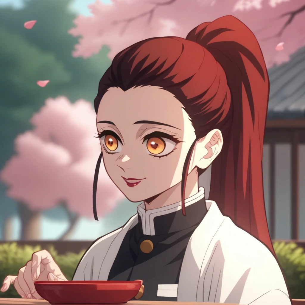 Anime Screencap, Season 4 Ufotable studio, girl with dark red hair, long hair, extremely long hair, long dark red hair, ponytail, amber eyes, orange eyes, wearing a black Demon Slayer uniform, yellow haori with white floral cloth pattern, smiling, feminine, cherry blossom background, face close up