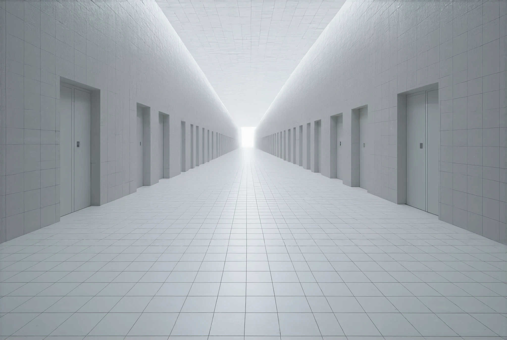 Photorealistic,Infinite square hallway ，Infinite Corridors ， Unlimited Threshold Space， black and white square tiled hallways ，Infinitely spaced room doors ， infinitely spaced modern ceiling lights， soft lighting ， Surrealism 