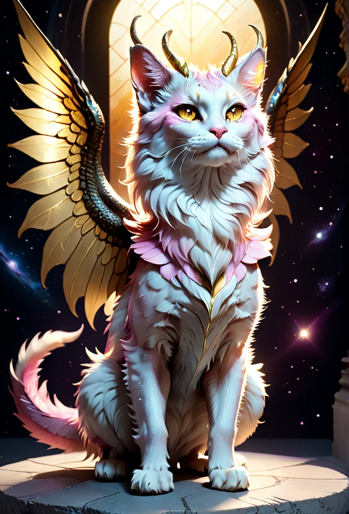 full body, feral, hybrid between cat and furred dragon, pink and golden fur, wings, horns, chest fluff, paws, fangs, ton back, faded gold eyes, a quadruped creature, detailed fur, intricate textures, detailed background, space, dramatic lighting, muted color palette, cinematic composition, ultra-detailed, 8k, photorealistic, masterpiece. No multiplication. Stained glass wings.