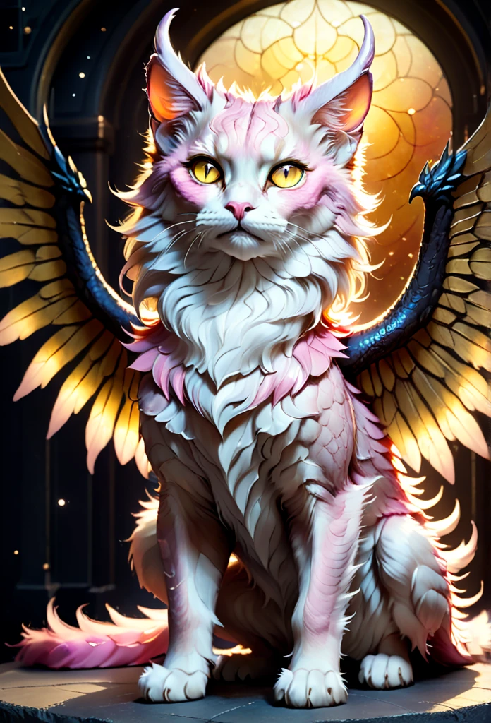 full body, feral, hybrid between cat and furred dragon, pink and golden fur, wings, horns, chest fluff, paws, fangs, ton back, faded gold eyes, a quadruped creature, detailed fur, intricate textures, detailed background, space, dramatic lighting, muted color palette, cinematic composition, ultra-detailed, 8k, photorealistic, masterpiece. No multiplication. Stained glass wings.