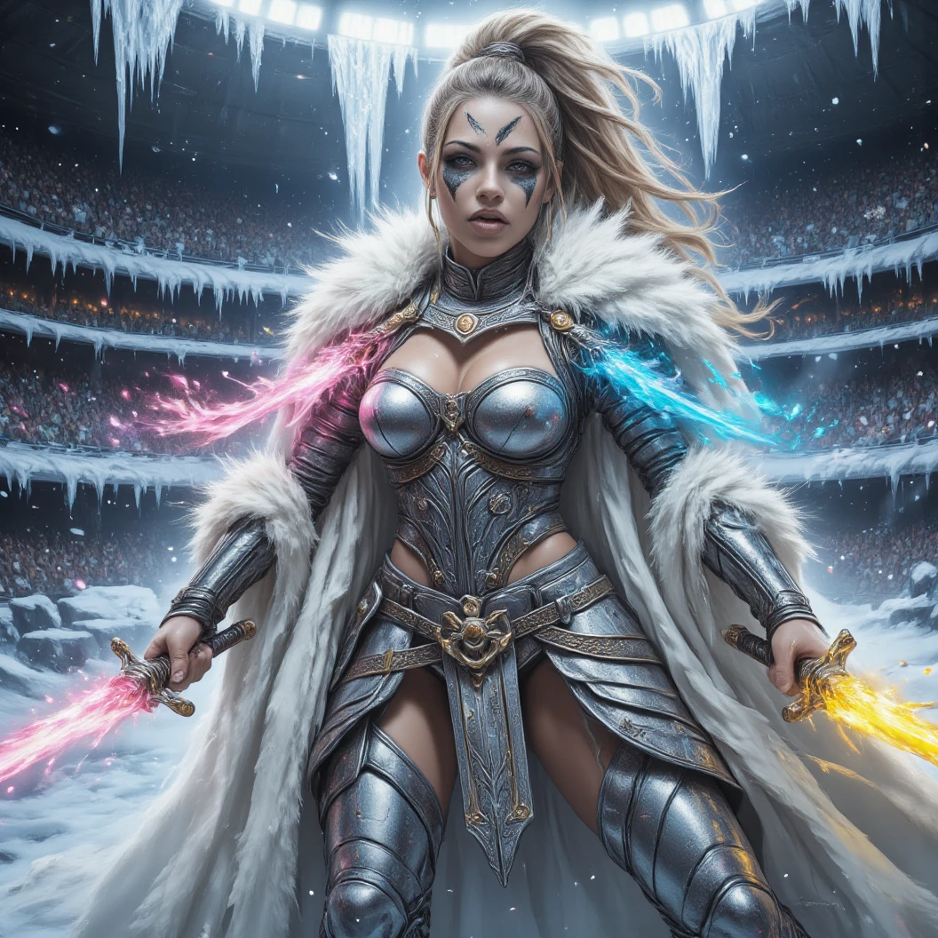 Imagine a warrior queen donned in shining silver armor with a white fur cloak. Black running eyeliner war paint. Dynamic sword fighting pose.  Dynamically wields dual sword with rainbow colored blades in a defensive pose. Dynamic fighting pose. A small snow covered colleseum is her fighting arena. A freezing and windy blizzard atmosphere. Icecicles. High Resolution, Masterpiece, Award Winning, Hyperdetailed, Hyperrealism, Depth Of Field, Image Fill, Floating particles, Dynamic pose.