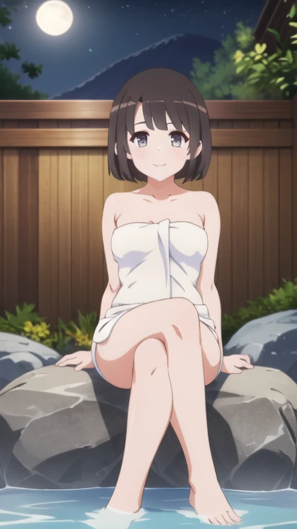  a girl, Alone, dark brown hair, short hair, sonrisa, onsen, night, crossing legs, foot fetish, bathing, naked towel, sitting, 