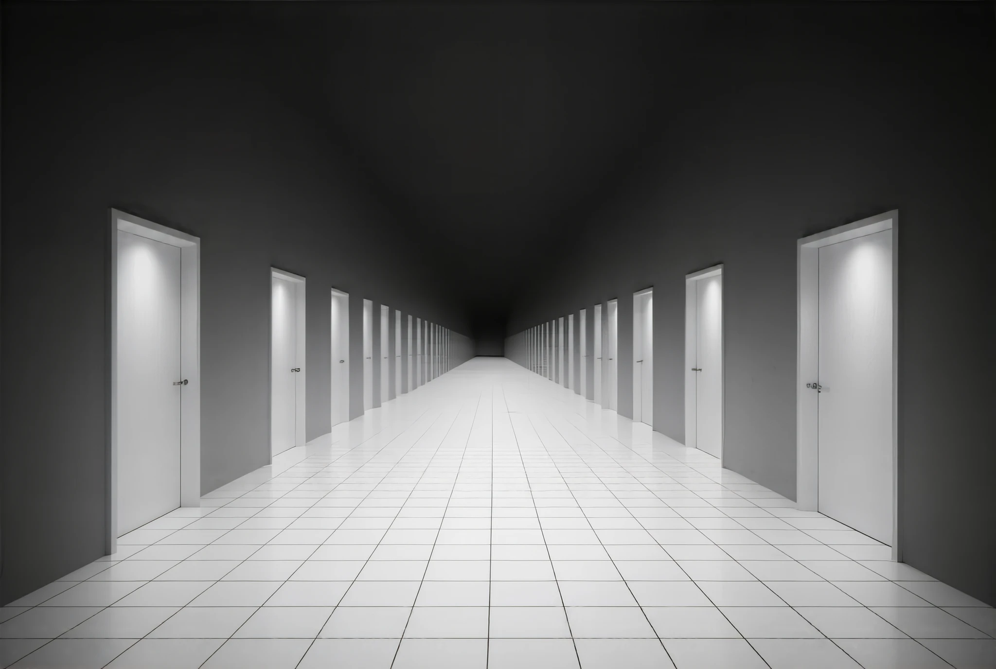 Photorealistic,Infinite square hallway ，Infinite Corridors ， Unlimited Threshold Space， black and white square tiled hallways ，Infinitely spaced room doors ， infinitely spaced modern ceiling lights， soft lighting ， Surrealism 