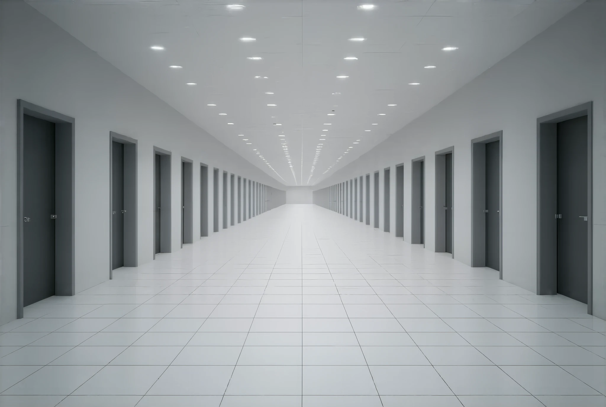 Photorealistic,Infinite square hallway ，Infinite Corridors ， Unlimited Threshold Space， black and white square tiled hallways ，Infinitely spaced room doors ， infinitely spaced modern ceiling lights， soft lighting ， Surrealism 