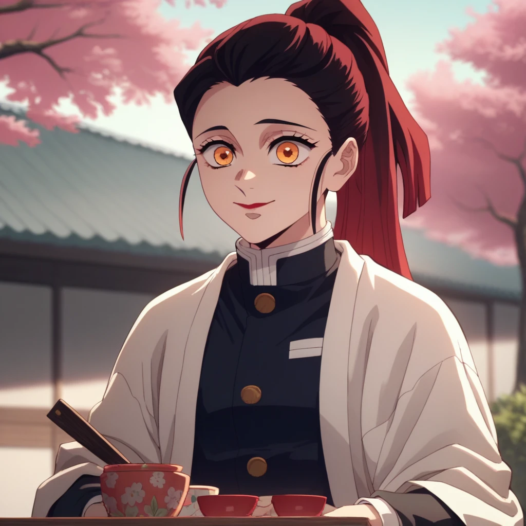 Anime Screencap, Season 4 Ufotable studio, girl with dark red hair, long hair, extremely long hair, long dark red hair, ponytail, amber eyes, orange eyes, wearing a black Demon Slayer uniform, yellow haori with white floral cloth pattern, smiling, feminine, cherry blossom background, face close up