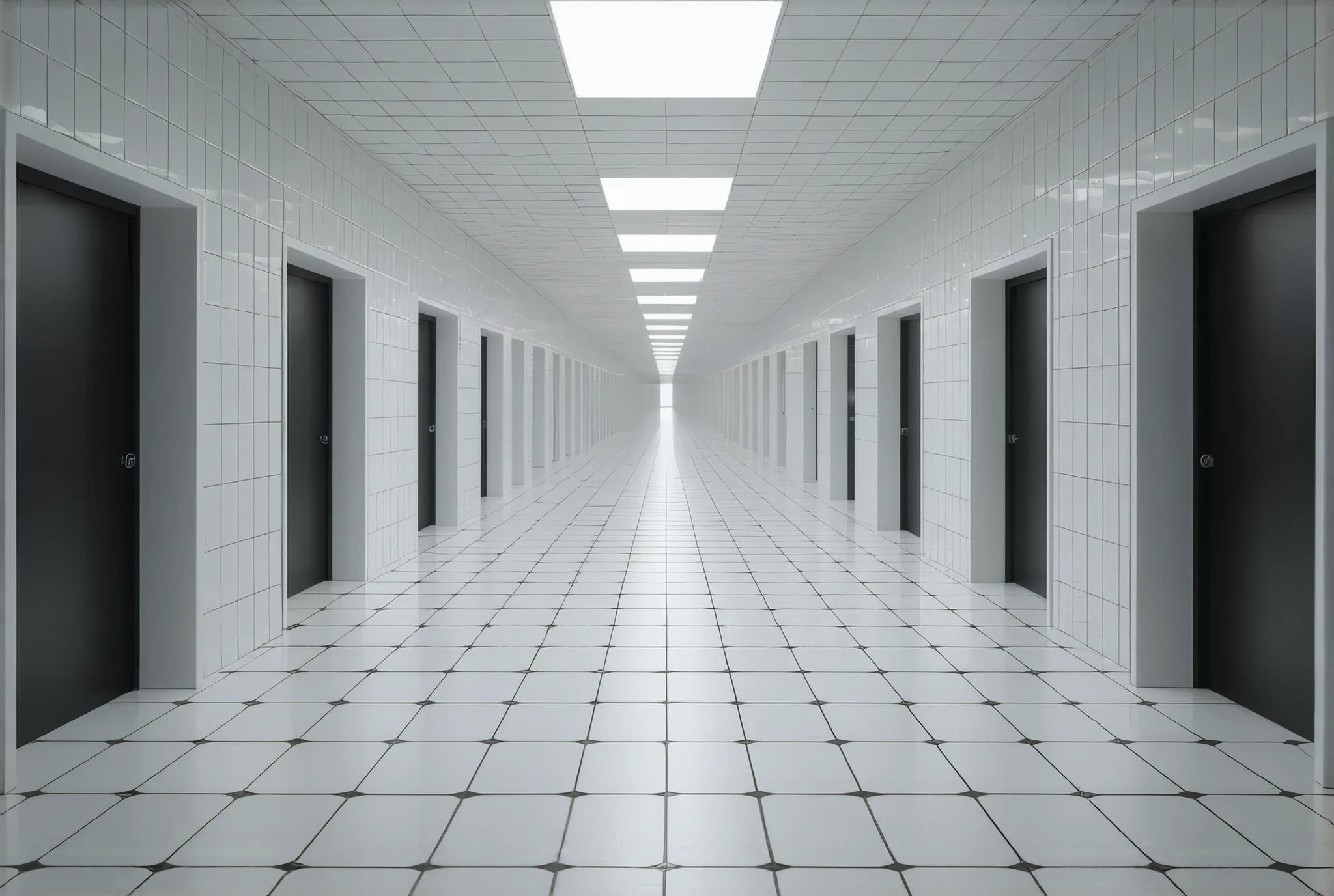 Photorealistic,Infinite square hallway ，Infinite Corridors ， Unlimited Threshold Space， black and white square tiled hallways ，Infinitely spaced room doors ， infinitely spaced modern ceiling lights， soft lighting ， Surrealism 