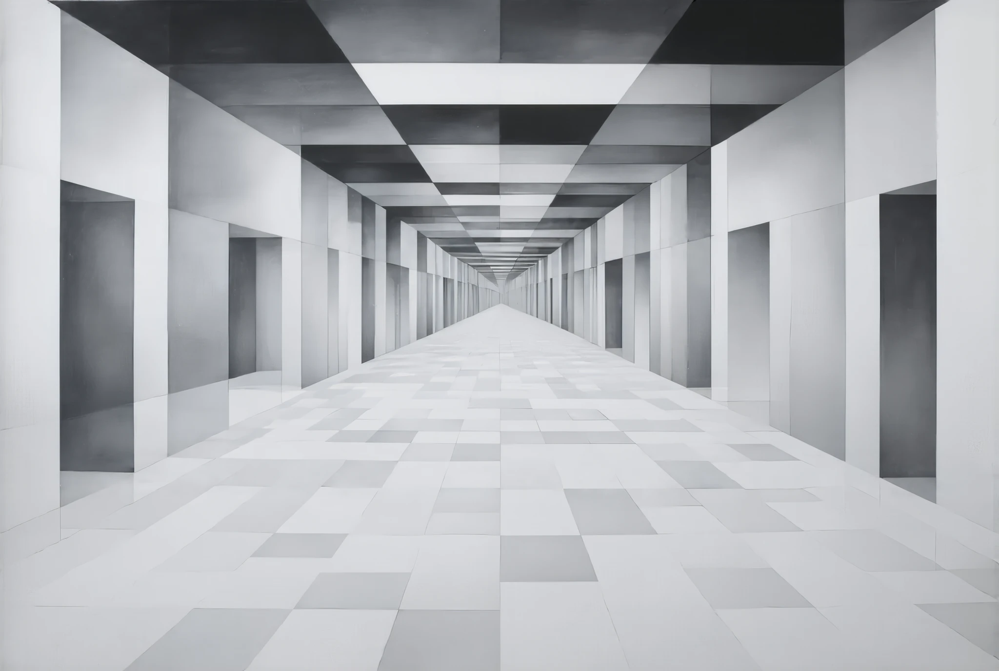 Photorealistic,Infinite square hallway ，Infinite Corridors ， Unlimited Threshold Space， black and white square tiled hallways ，Infinitely spaced room doors ， infinitely spaced modern ceiling lights， soft lighting ， Surrealism 