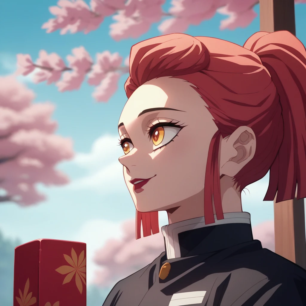 Anime Screencap, Season 4 Ufotable studio, girl with dark red hair, long hair, extremely long hair, long dark red hair, ponytail, amber eyes, orange eyes, wearing a black Demon Slayer uniform, yellow haori with white floral cloth pattern, smiling, feminine, cherry blossom background, face close up, headshot