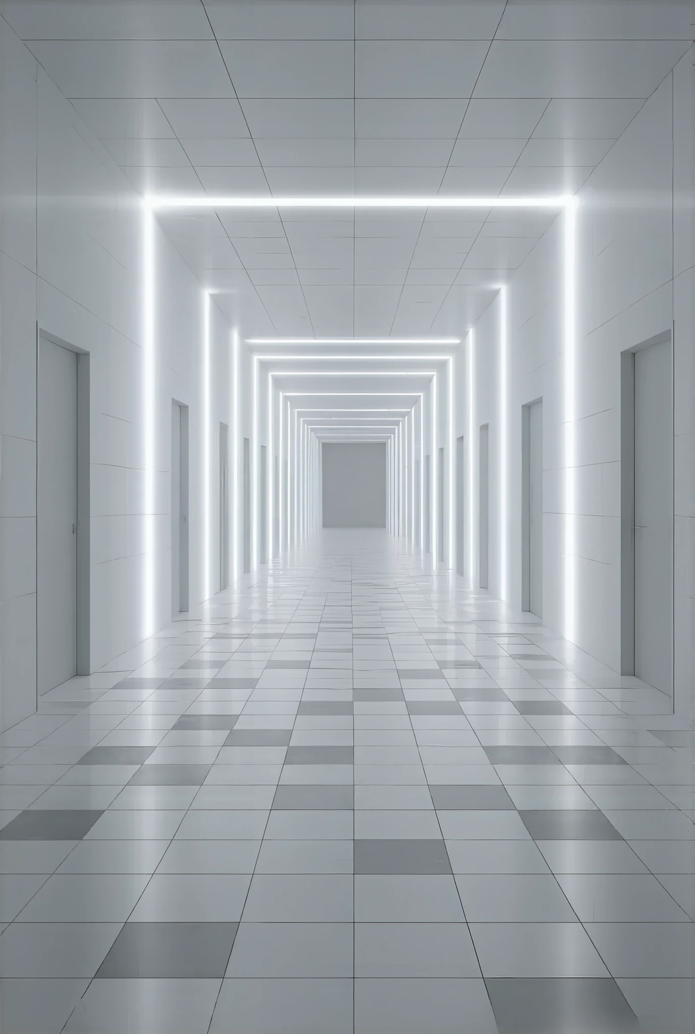 Photorealistic,Infinite square hallway ,Infinite Corridors , Unlimited Threshold Space, black and white square tiled hallways ,Infinitely spaced room doors , isometric infinitely spaced modern ceiling lamp, soft lighting , Surrealism