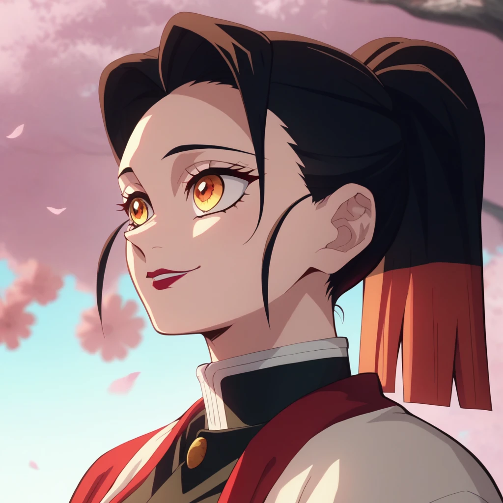 Anime Screencap, Season 4 Ufotable studio, girl with dark red hair, long hair, extremely long hair, long dark red hair, ponytail, amber eyes, orange eyes, wearing a black Demon Slayer uniform, yellow haori with white floral cloth pattern, smiling, feminine, cherry blossom background, face close up, headshot