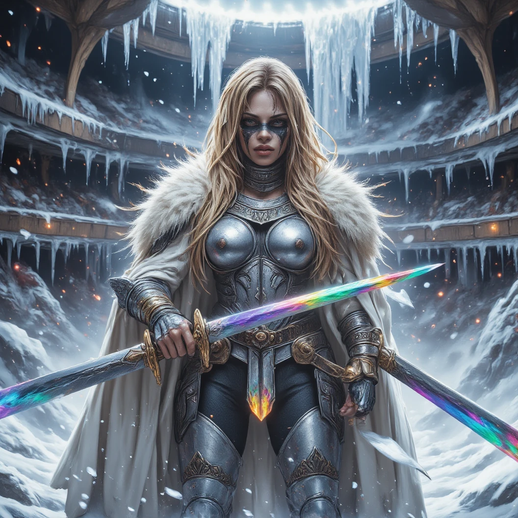 Imagine a warrior queen donned in shining silver armor with a white fur cloak. Black running eyeliner war paint. Dynamic sword fighting pose.  Dynamically wields dual sword with rainbow colored blades in a defensive pose. Dynamic fighting pose. A small snow covered colleseum is her fighting arena. A freezing and windy blizzard atmosphere. Icecicles. High Resolution, Masterpiece, Award Winning, Hyperdetailed, Hyperrealism, Depth Of Field, Image Fill, Floating particles, Dynamic pose.