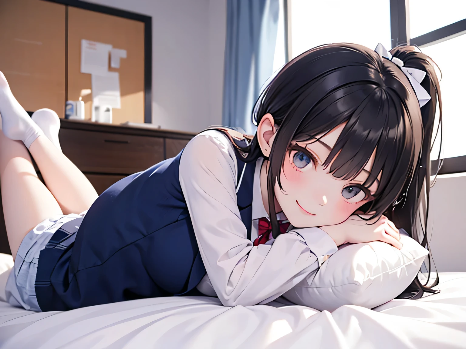 holding a pillow while sitting on the bed in the room、Smiling with eyes looking up、 high school girl with dark hair ponytail holding wet socks、Wearing a navy blue blazer with a bow