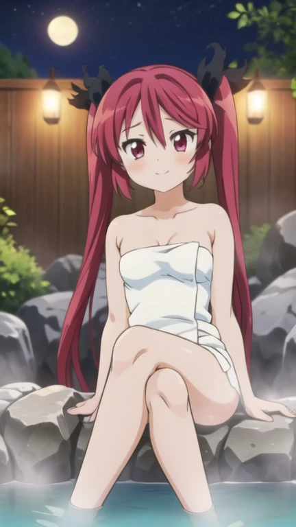  a girl, Alone, red hair, twintails, sonrisa, onsen, night, crossing legs, foot fetish, bathing, naked towel, sitting, 