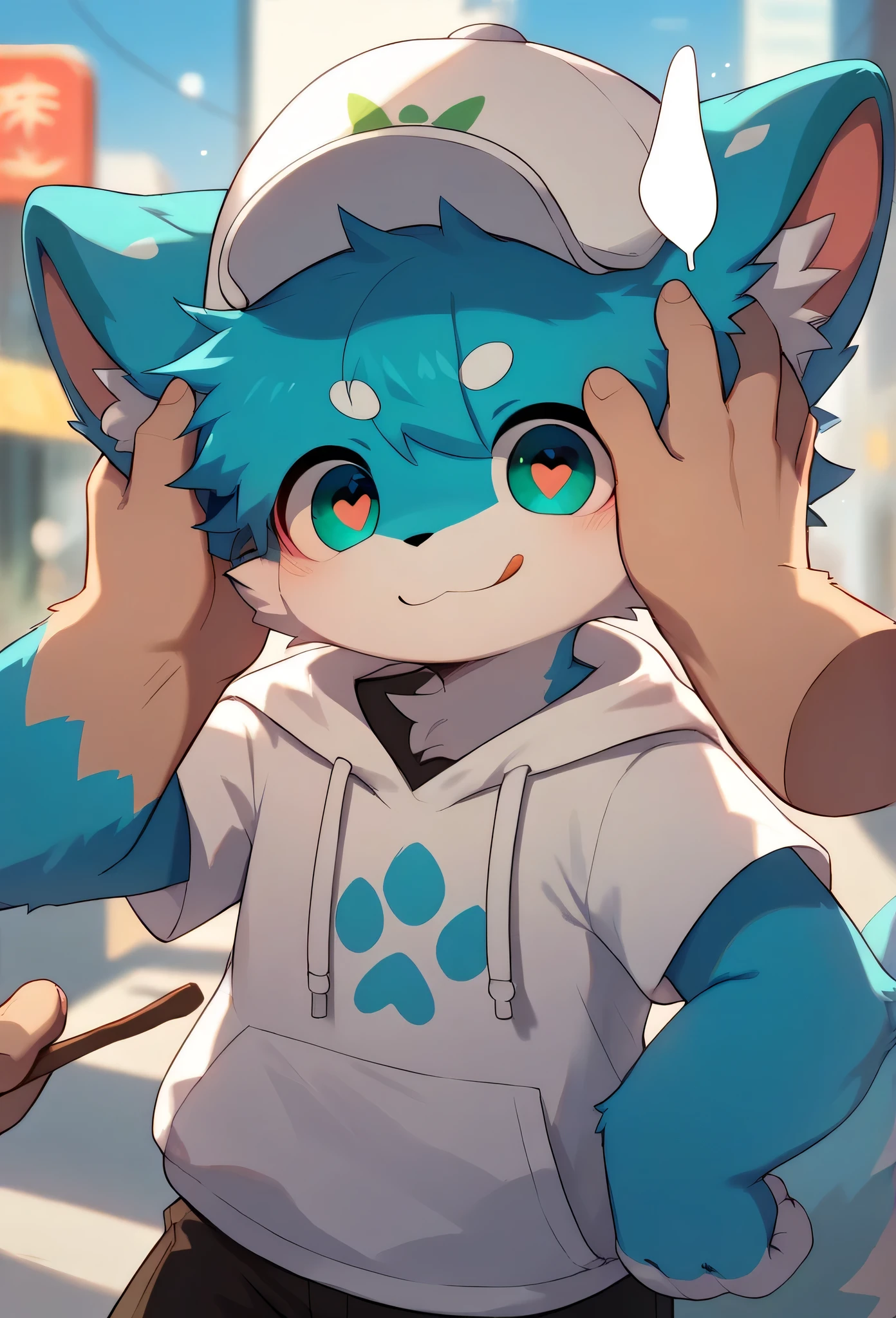   very detailedな,  very detailed,Blue fur, Blue Haired Boys ,骨を見て excited,Heart Eye,participate,赤いfirst round, green white and colored hat ,  cute face,  Something Like Fluffy Furry , excited,Horny boy,city,smile,, Stylish city,Dropped ears,Beautiful City ,  my mental age ,want,smile,Heart Eyes, sticks out her tongue,first round,Get a head pat,White hat, Something Like Fluffy Fur, Brown Black Shorts , Blue Sweatshirt , Long Sleeve  ,trend,