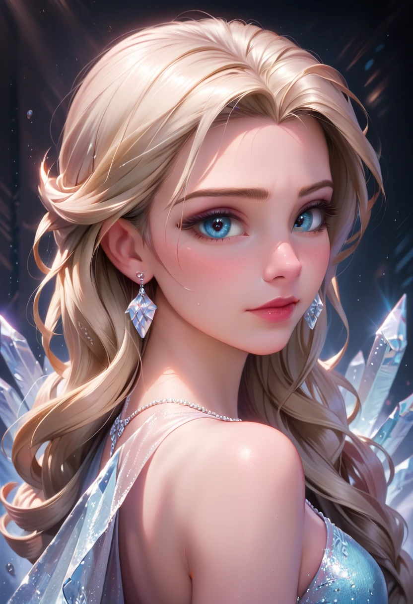 stunning detailed portrait of a nude Elsa from Frozen, beautiful detailed eyes, beautiful detailed lips, extremely detailed face and skin, long eyelashes, soft glowing skin, delicate facial features, elegant and graceful pose, serene and peaceful expression, detailed intricate ice crystal background, cold and icy color palette, dramatic and moody lighting, (best quality,4k,8k,highres,masterpiece:1.2),ultra-detailed,(realistic,photorealistic,photo-realistic:1.37)