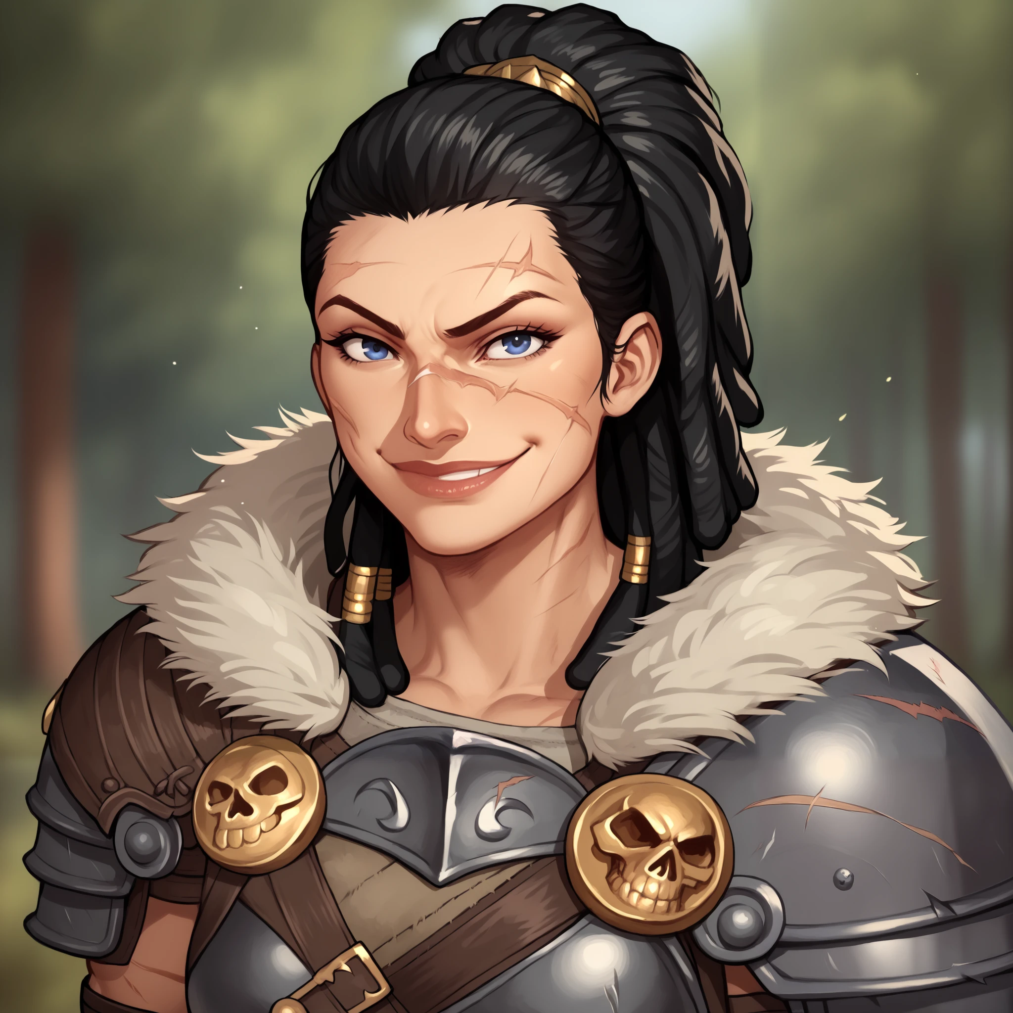 (((beautiful, high quality, comics style, detailed face))), score_9, score_8_up, score_7_up, BREAK, woman, goliath, half giant, muscles, scars, pale skin, (dreadlocks), black hair, tied in a ponytail, ((smirking:1.1, defiant smile)), gladiator armor, skull shoulder armor, fur mantel, standing, ((fighting stance:1.1)), fur cape, solo:1.4, portrait, upper body, portrait, close up, facing the viewer, front view, forest background, fantasy, blurred background, Expressiveh, detailxl, DeepNegative_xl_v1, zPDXL3