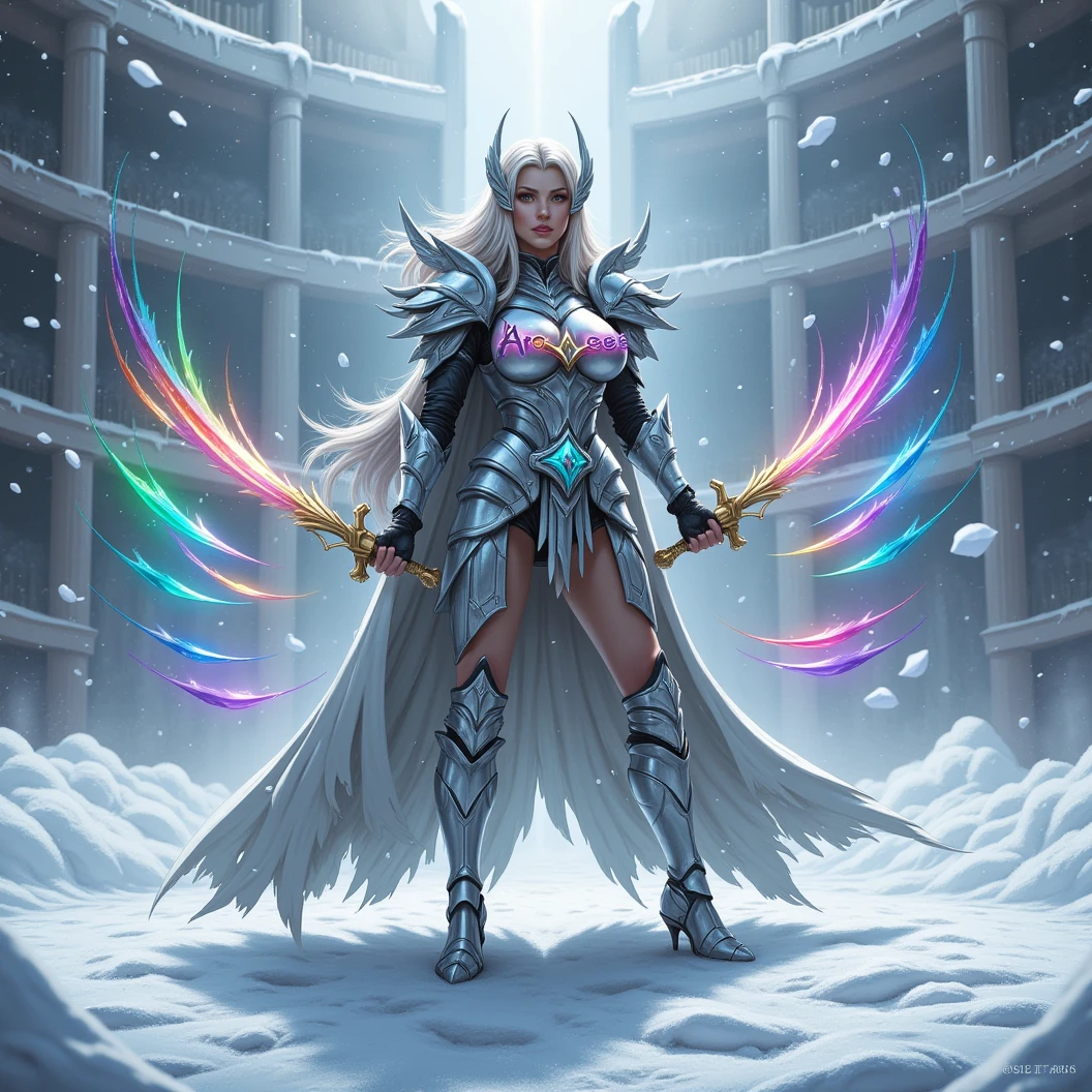 Imagine a warrior queen donned in shining silver armor. Dynamically wields dual sword with rainbow colored blades in a defensive pose. Dynamic fighting pose. A small snow covered colleseum is her fighting arena. The name "Aradaeee" largely on her armor with rainbow letters. A freezing and windy blizzard atmosphere. Icecicles. High Resolution, Masterpiece, Award Winning, Hyperdetailed, Hyperrealism, Depth Of Field, Image Fill, Floating particles, Dynamic pose.