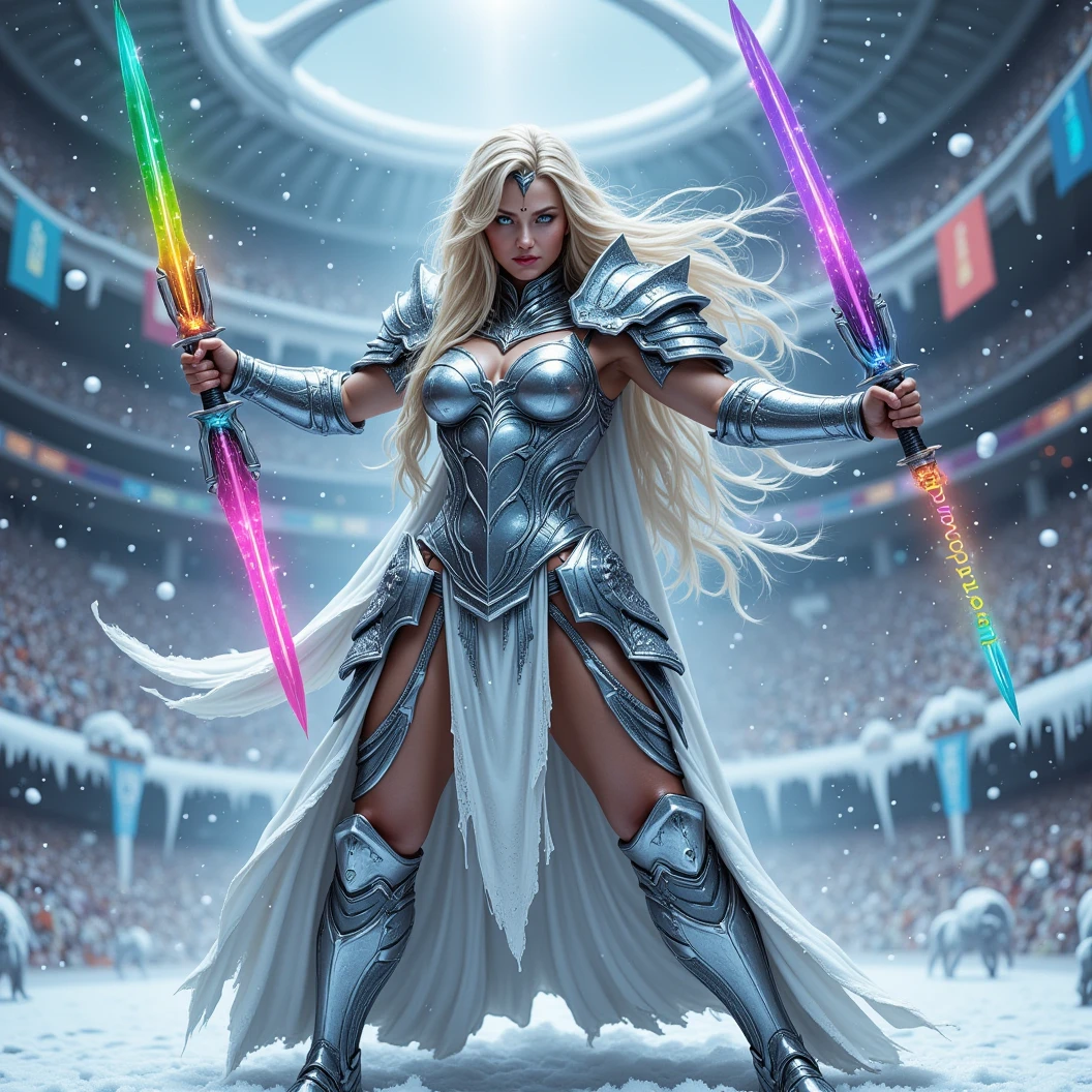 Imagine a warrior queen donned in shining silver armor. Dynamically wields dual sword with rainbow colored blades in a defensive pose. Dynamic fighting pose. A small snow covered colleseum is her fighting arena. The name "Aradaeee" largely on her armor with rainbow letters. A freezing and windy blizzard atmosphere. Icecicles. High Resolution, Masterpiece, Award Winning, Hyperdetailed, Hyperrealism, Depth Of Field, Image Fill, Floating particles, Dynamic pose.