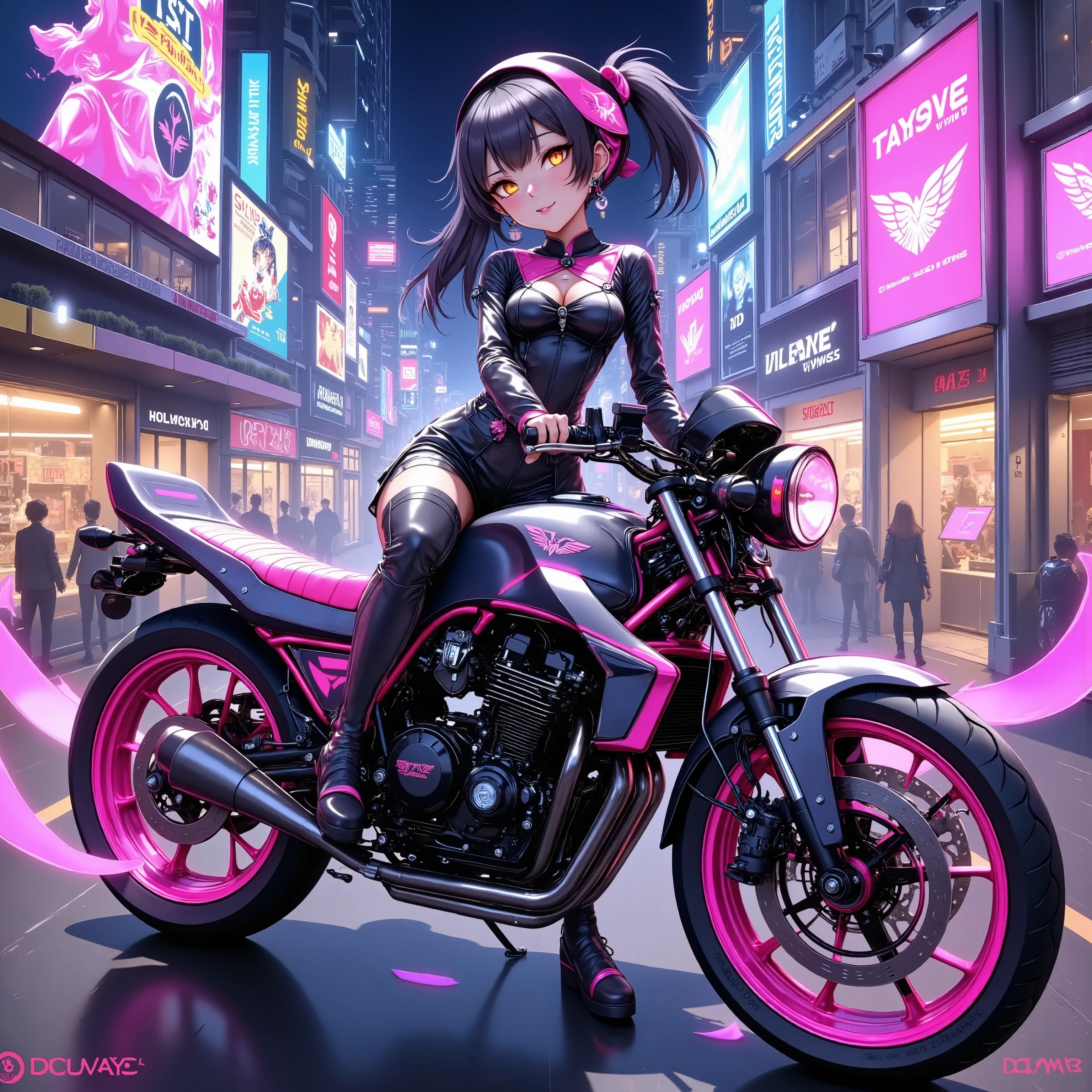 A girl standing next to a motorcycle　+ night neon city +Cyberpunk city