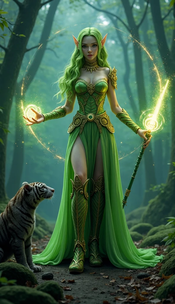 A  very beautiful elf girl, side profile, very pale skin tone texture, very colorful forest green &  fashionable long wavy hair styles, wearing a ornate armor elvish, illuminating treasure grade illuminating color armor designs, casting a entanglement root spell magic, holding a treasure grade magic rod, dark Forest background, full body perspective view, looking at viewer, smiling, large breast, correct anatomical body details, high quality details, with a large white tiger by her side, showing magical glyph with runes symbols casting illumining magic spells, wind blowing because of magic cast spells, 