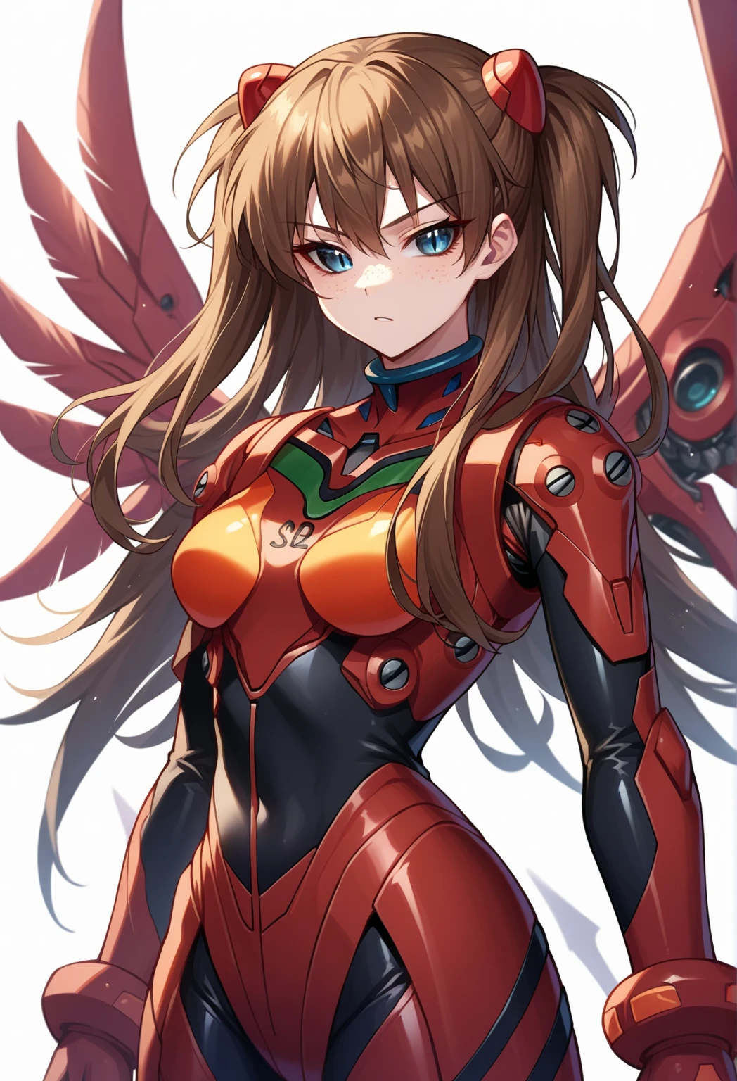 score_9, score_8_up, source_anime,wrenchsmechs, female, mechanical eyes, black hair, long hair, mechanical legs, demon, black skin, white background, feathered wings, slit pupils, black sclera, medium breasts,1girl, shirogane, souryuu asuka langley, brown hair, two side up, bangs, freckles, long hair, blue eyes
