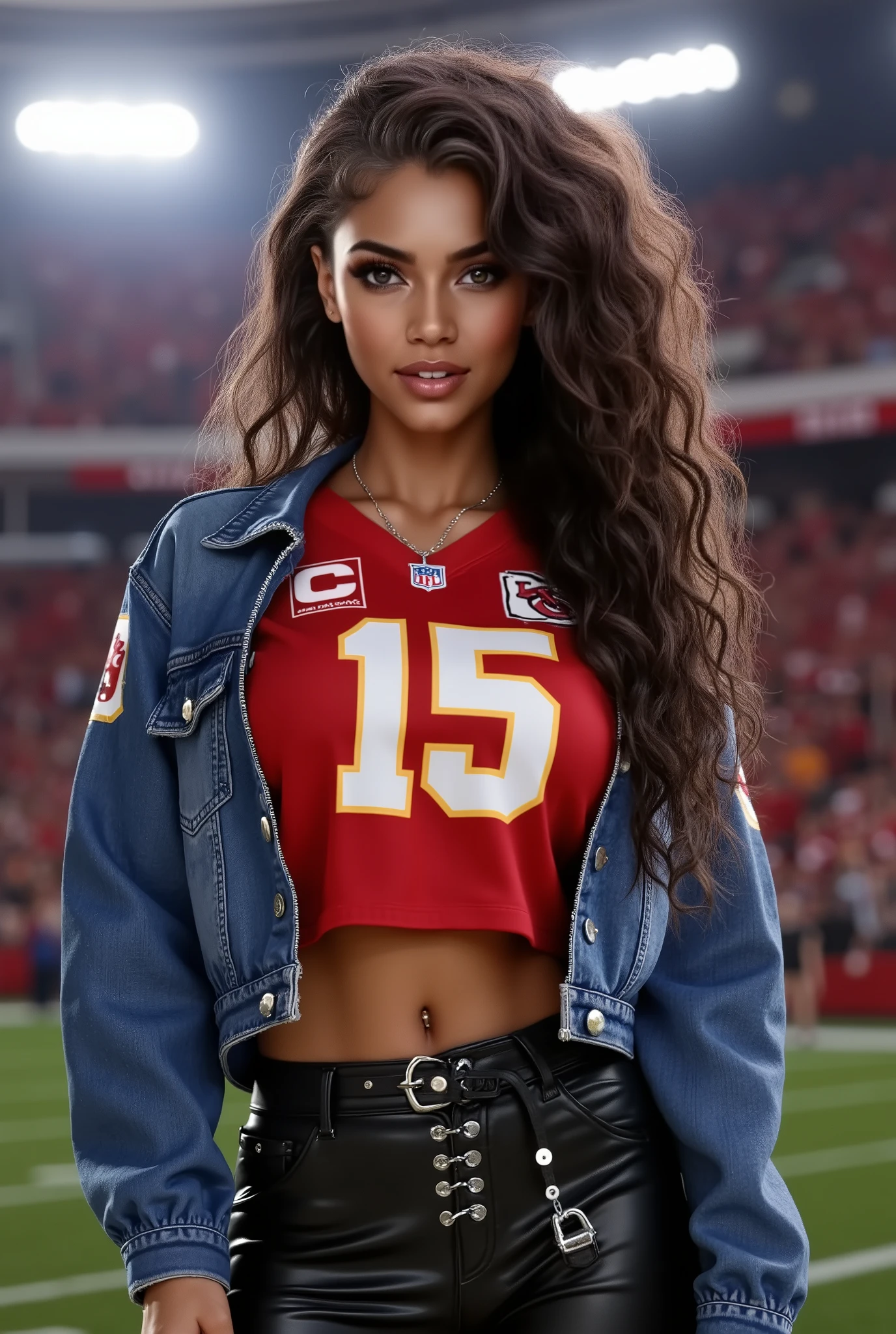 side profile image of a woman wearing a Kansas City Chiefs #15 Jersey, black leather pants with lacing and a buckled belt, denim crop jacket, low hanging necklace, long curly ponytail hair, cute smile, hint of cleavage, football stadium, attending the Super Bowl, realistic, photorealistic, (best quality,4k,8k,highres,masterpiece:1.2),ultra-detailed,(realistic,photorealistic,photo-realistic:1.37),HDR,UHD,studio lighting,ultra-fine painting,sharp focus,physically-based rendering,extreme detail description,professional,vivid colors,bokeh,backlit glow,night