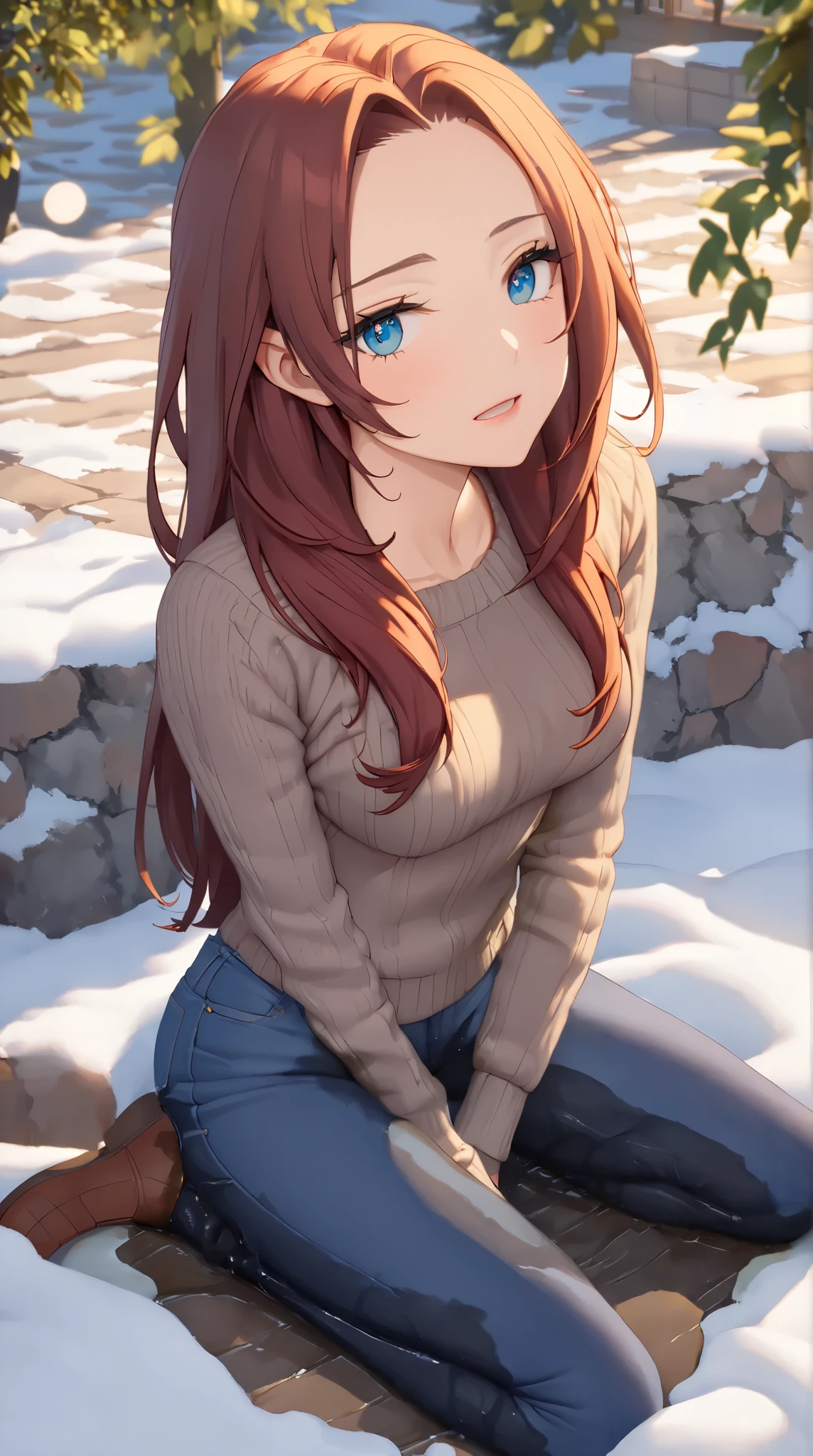 A youthful female with dazzling eyes and lovely long hair with perfect body:1.1 and medium breast is (wetting herself:1.5). She is wearing a blue jeans and casual winter outfit. Outdoor setting in winter. Fashion photography. Looking at viewer in relief. (Best quality. Masterpiece:1.3. 16K. Detailed. Ultra high resolution). Soft natural lighting. Highly detailed face and skin texture. Detailed eyes. (Deep focus). Full body picture:1.0. Forehead.
