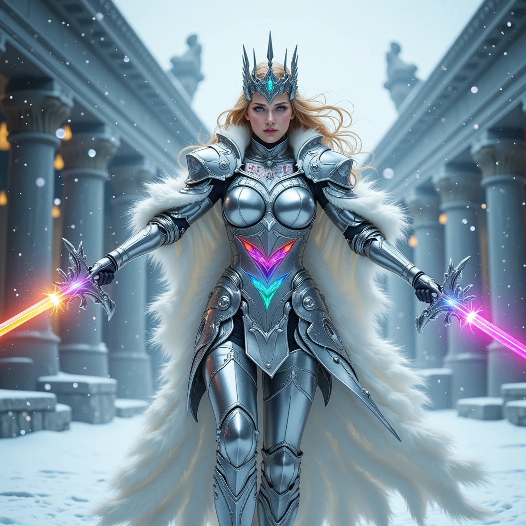 Imagine a warrior queen donned in shining silver armor. Dynamically wields dual sword with rainbow colored blades in a defensive pose. White fur cloak. Dynamic fighting pose. A small snow covered colleseum is her fighting arena. The name "Aradaeee" largely on her armor with rainbow letters. A freezing and windy blizzard atmosphere. Icecicles. High Resolution, Masterpiece, Award Winning, Hyperdetailed, Hyperrealism, Depth Of Field, Image Fill, Floating particles, Dynamic pose.