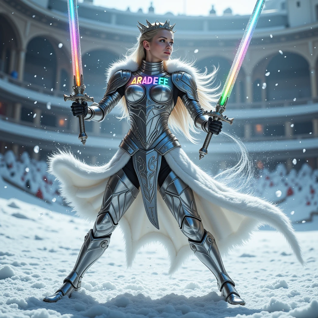 Imagine a warrior queen donned in shining silver armor. Dynamically wields dual sword with rainbow colored blades in a defensive pose. White fur cloak. Dynamic fighting pose. A small snow covered colleseum is her fighting arena. The name "Aradaeee" largely on her armor with rainbow letters. A freezing and windy blizzard atmosphere. Icecicles. High Resolution, Masterpiece, Award Winning, Hyperdetailed, Hyperrealism, Depth Of Field, Image Fill, Floating particles, Dynamic pose.