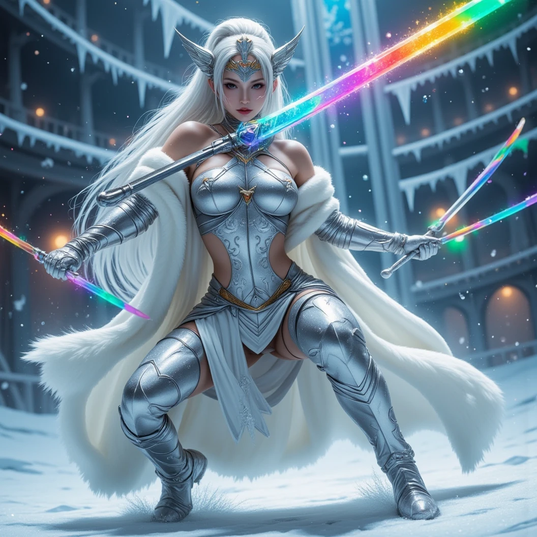 Imagine a warrior queen donned in shining silver armor. Dynamically wields dual sword with rainbow colored blades in a defensive pose. White fur cloak. Dynamic fighting pose. A small snow covered colleseum is her fighting arena. The name "Aradaeee" largely on her armor with rainbow letters. A freezing and windy blizzard atmosphere. Icecicles. High Resolution, Masterpiece, Award Winning, Hyperdetailed, Hyperrealism, Depth Of Field, Image Fill, Floating particles, Dynamic pose.