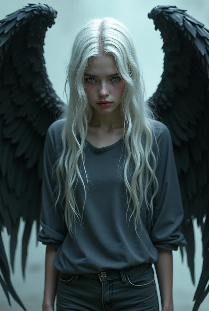 Imagine an albino man, extremely pale skin, almost translucent with visible blue veins, giving an ethereal and delicate appearance, with platinum blonde, straight hair, thin lips with a light pink tone, he has wings, one white and the other black, he is wearing a long, flowing blouse, He is a man