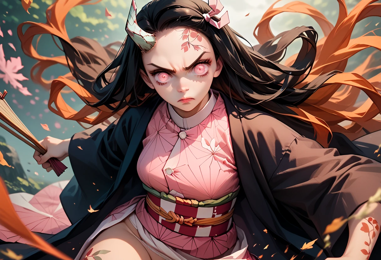 ( ultra realistic photo of Nezuko Kamado goddess of beauty ,  bright pink eyes ,  angry expression , has a horn, 8K, UHD,  beauty with medium breasts ,  medium breasts that come out of her kimono, EROTICA,  with black hair and orange tips , sexy pink Japanese kimono ,  does not wear panties showing her pussy ,  bare pubic cello ,  her toned stomach ,  has leaf tattoos that run through her sexy erotic body 