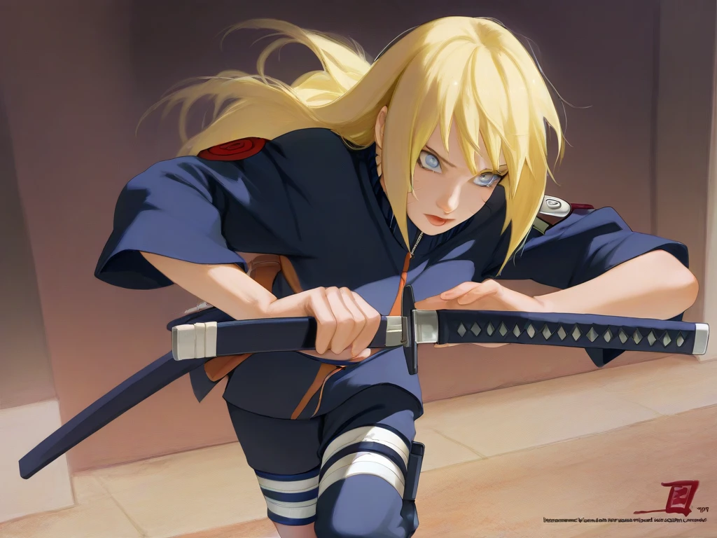 masterpiece, best quality, 2.5d, realistic,, weapon, katana, holding sword, ready to draw, fighting stance, Naruto Uzumaki, Naruto female, 1 girl, yellow hair, blue eyes