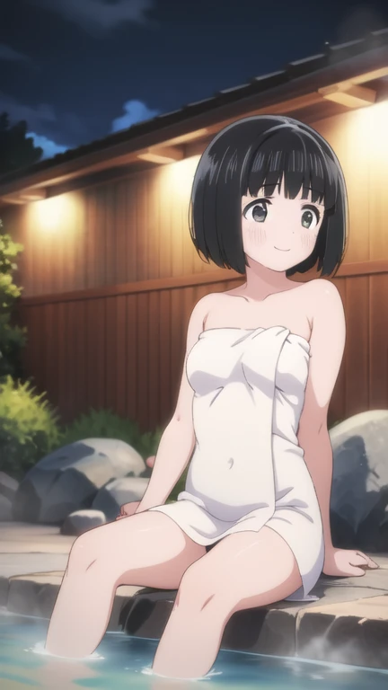  a girl, Alone, black hair, short hair, bob cut, sonrisa, onsen, night, crossing legs, foot fetish, bathing, naked towel, sitting, 