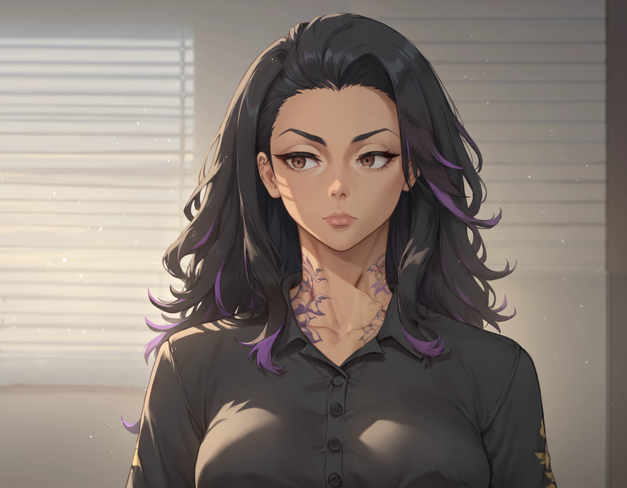score_9,score_8,score_7,(Tokyo Revenger\), tan, 1girl, long hair, black hair, purple streak, two-tone hair, brown eyes, medium breasts, nice hips, skin detail, hand corrections, gang cltohs, city background, detaileds arms, beautiful eyes, black vest, black shirt, jean, csr style, skar in the face, tattoo on tne neck, tattoo on hes arms, v3n3t14n, venetian blinds lighting, low light, dark room, lined lighting, light particles,