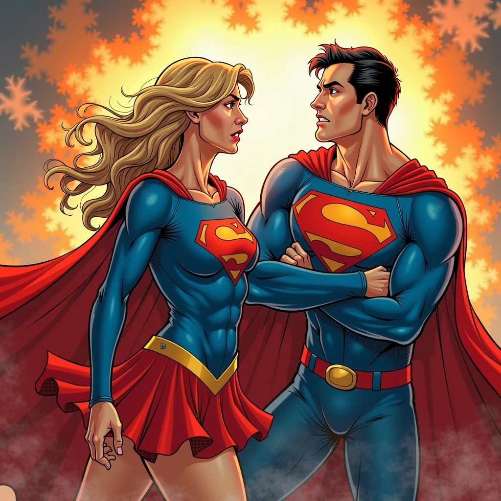 the lovers card, superman and supergirl entwined, Full body standing painting, (((solo))), Clear facial features, Simple line design, ((tarot card background, symmetric beauty)), perfectly symmetrical, The art of symmetry, Standing drawings of characters, ((flatcolors)), tmasterpiece,top quality,best qualtiy,Ultra-high resolution, ((Clear facial features,beautiful eyes,beauitful face, Exquisite facial features))