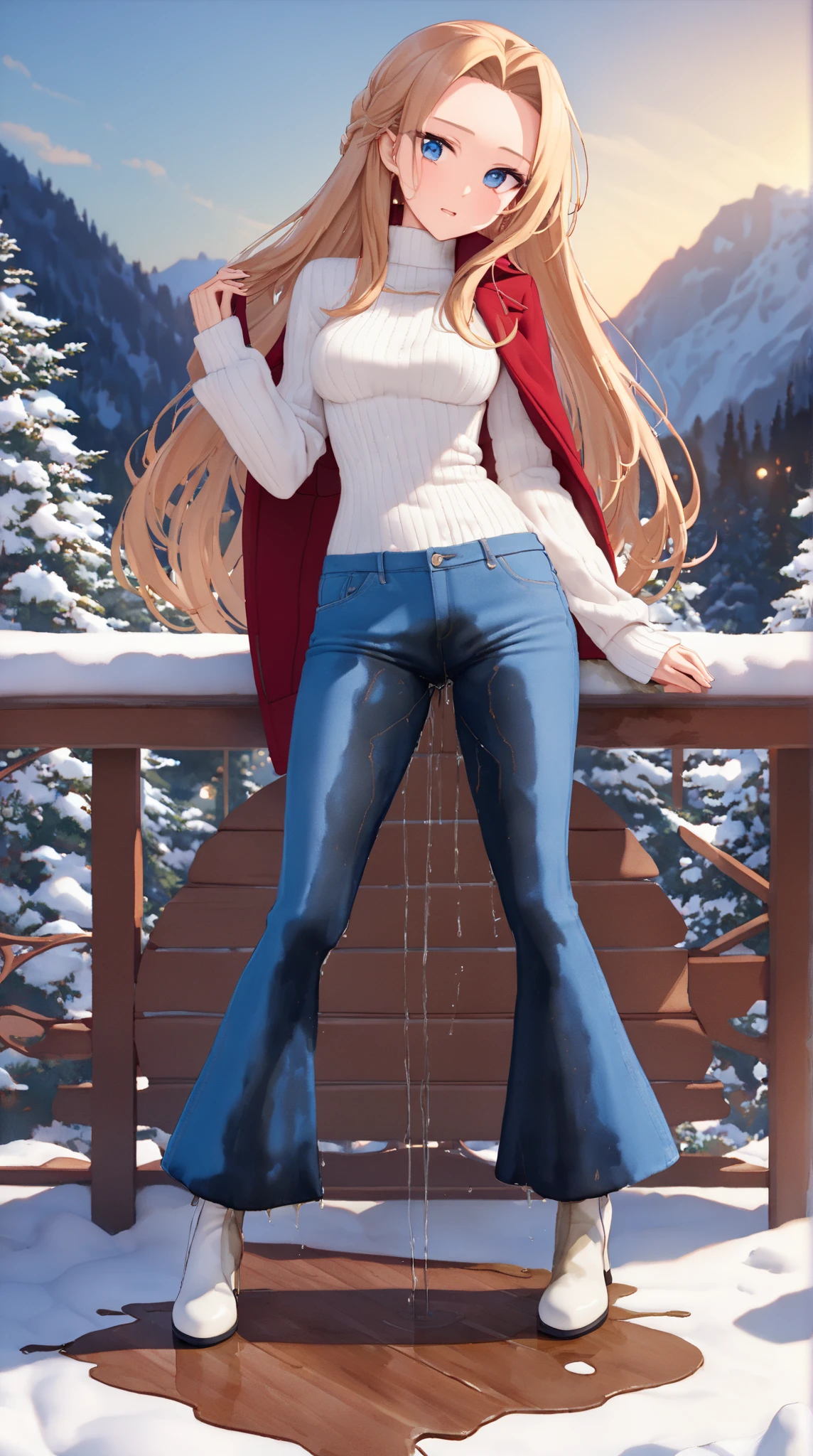 (masterpiece:1.3) (absurdres:1.3) (best quality:1.3) (ultra-detailed:1.3)
(slender:1.3) (thin:1.2) (skinny:1.1)
sunbeam, sunlight, volumetric
(very_long_blonde_hair:1.2) (hairband)
(standing on a snowy mountaintop overlooking a valley)
from behind, from below, looking back
((red_winter_coat)) (white_leggings) (small_pink_beanie)
<lora:GIRL Dream July:0.9> <lora:roundassv1:0.2> round ass