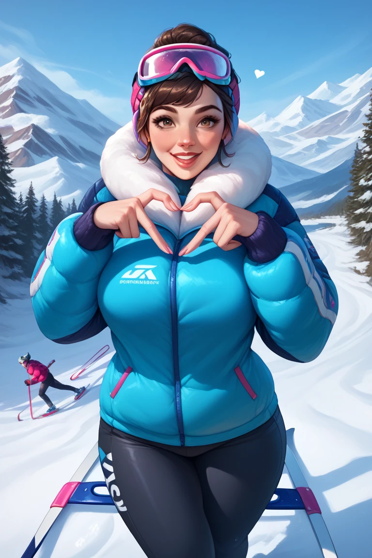 1 girl, short dark brown hair, voluptuous, snow clothes, ski goggles, skis, snow, snow mountain backgrownd, heart fingers, heart hands