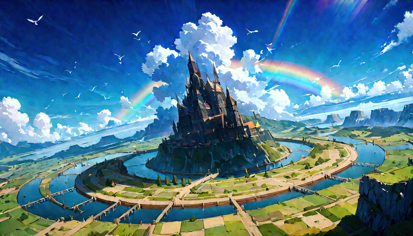 ((Shockingly absurd )),(  masterpiece:1.2),超  high resolution,  attention to detail  ,  high quality,  high resolution, 最  high quality, 4k, 8K、 very beautiful、landscape、landscape画、Infinite blue sky 、A rainbow appears、 There is a group of ruins、 Dandelion flies upwards,rainbow、  large planet in the sky 
