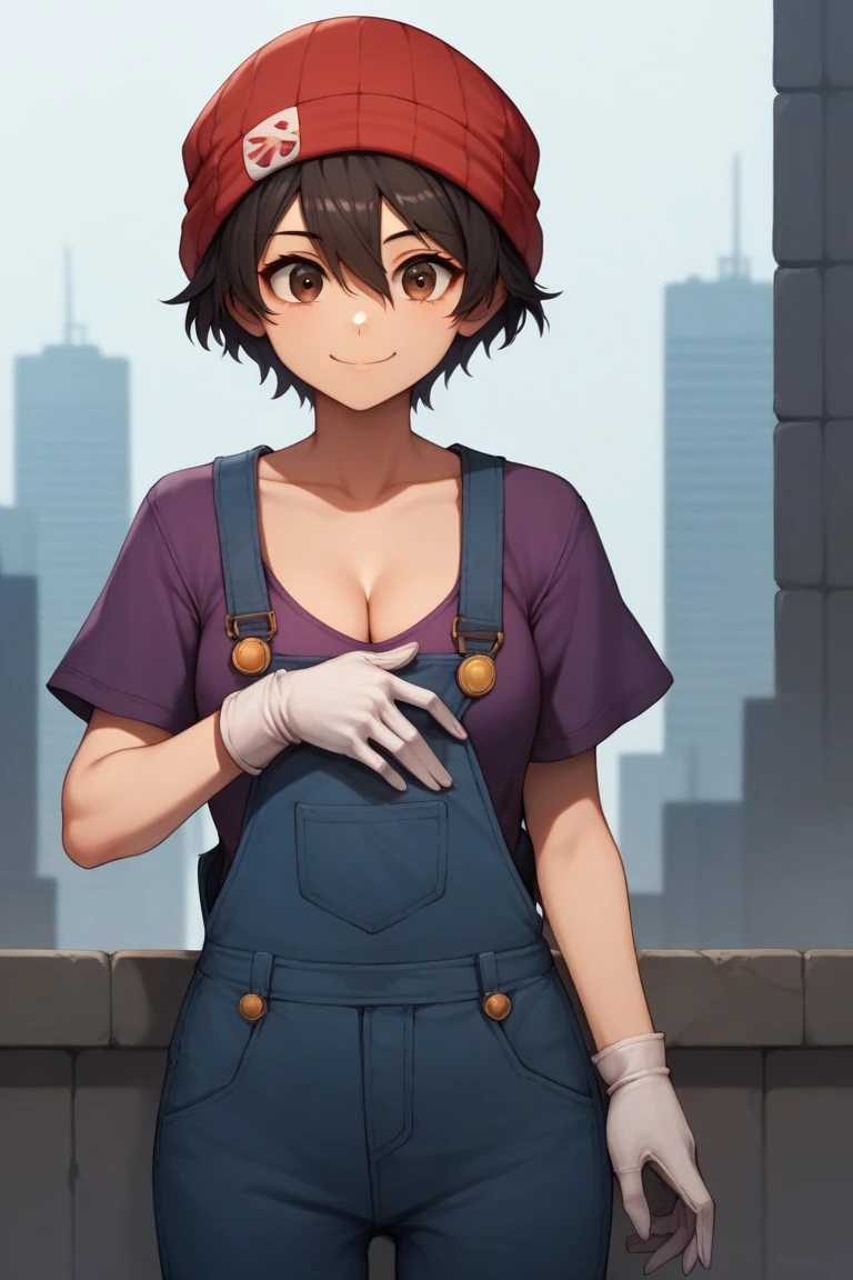 masterpiece, best quality, cowboy shot, solo, 1girl, izumo fuuko, smile, looking at viewer, adjusting gloves, short hair, black hair, hair between eyes, red headwear, beanie, brown eyes, two-tone, purple shirt, red overalls, short sleeves, white gloves, collarbone, cleavage, outdoors, city
