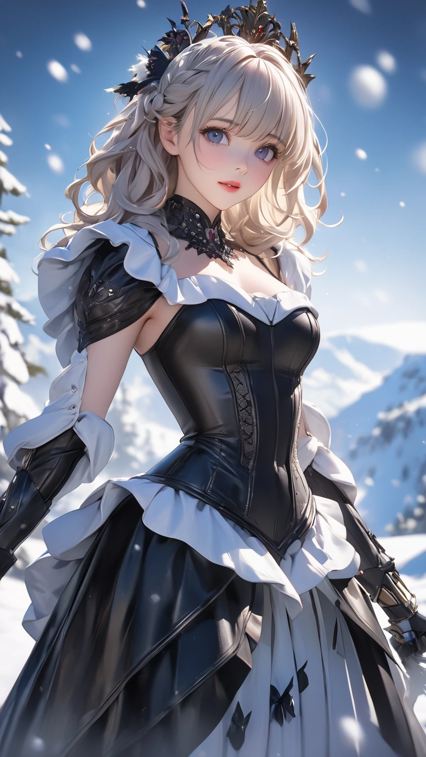 (photorealistic:1.8, highest quality:1.8,8K masterpiece:1.8,High resolution,muste piece:1.8),fantasy,(NieR:Automata,2B:1.9),(black hair band,choker,white high leg,thigh high boots,Blake Black Skirt,black thigh high socks,Knee-high boots,Cleavage cut,cutting of clothes,high heels,long sleeve),beautiful detailed blue eyes:1.7,double eyelid:1.6,beautiful skin:1.8, (looking at the camera:1.2),(Photo seen from below:1.3),(bob cut,beautiful shining silver hair:1.5),expression(Disdainful:1.3), (Medium chest:1.3),Pause(stand with legs apart,Seductive pose:1.5),background(snow scene:1.5,snow mountain:1.3,mountainous area),(detailed perfect face),normal hands:1.5,normal finger:1:5,normal feet:1.5,(cameltoe)