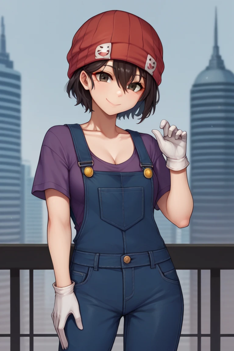 masterpiece, best quality, cowboy shot, solo, 1girl, izumo fuuko, smile, looking at viewer, adjusting gloves, short hair, black hair, hair between eyes, red headwear, beanie, brown eyes, two-tone, purple shirt, red overalls, short sleeves, white gloves, collarbone, cleavage, outdoors, city
