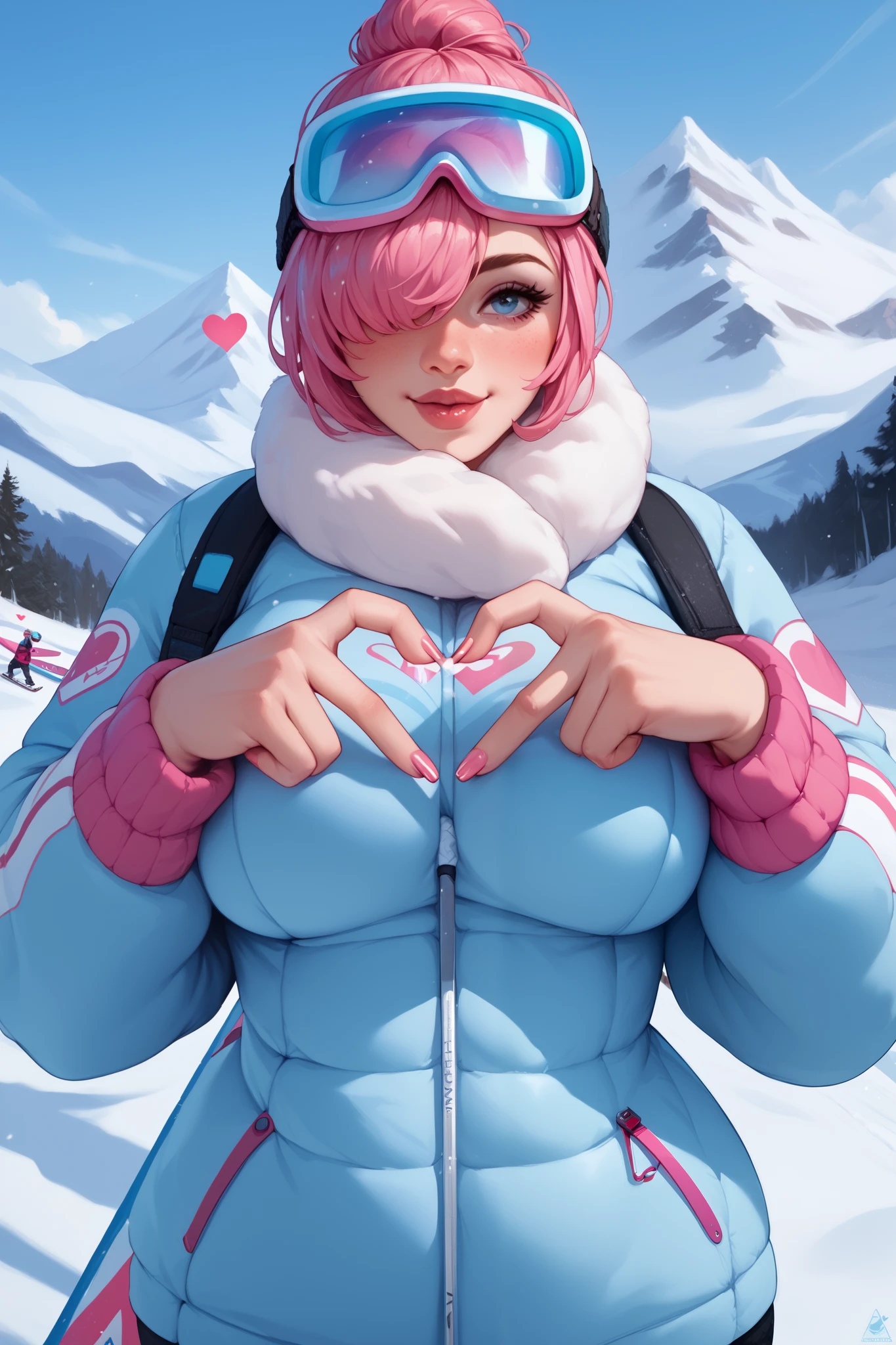 1 girl, short pink hair, voluptuous, snow clothes, ski goggles over eyes, skis, snow, snow mountain backgrownd, heart fingers, heart hands