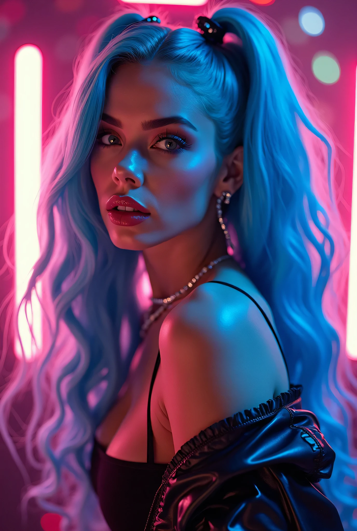 beautiful girl with vibrant hair, pop star outfit, highly detailed face, beautiful detailed eyes, beautiful detailed lips, extremely detailed eyes and face, long eyelashes, dynamic pose, dramatic lighting, cinematic composition, hyper realistic, 8k, photo-realistic, masterpiece, digital art