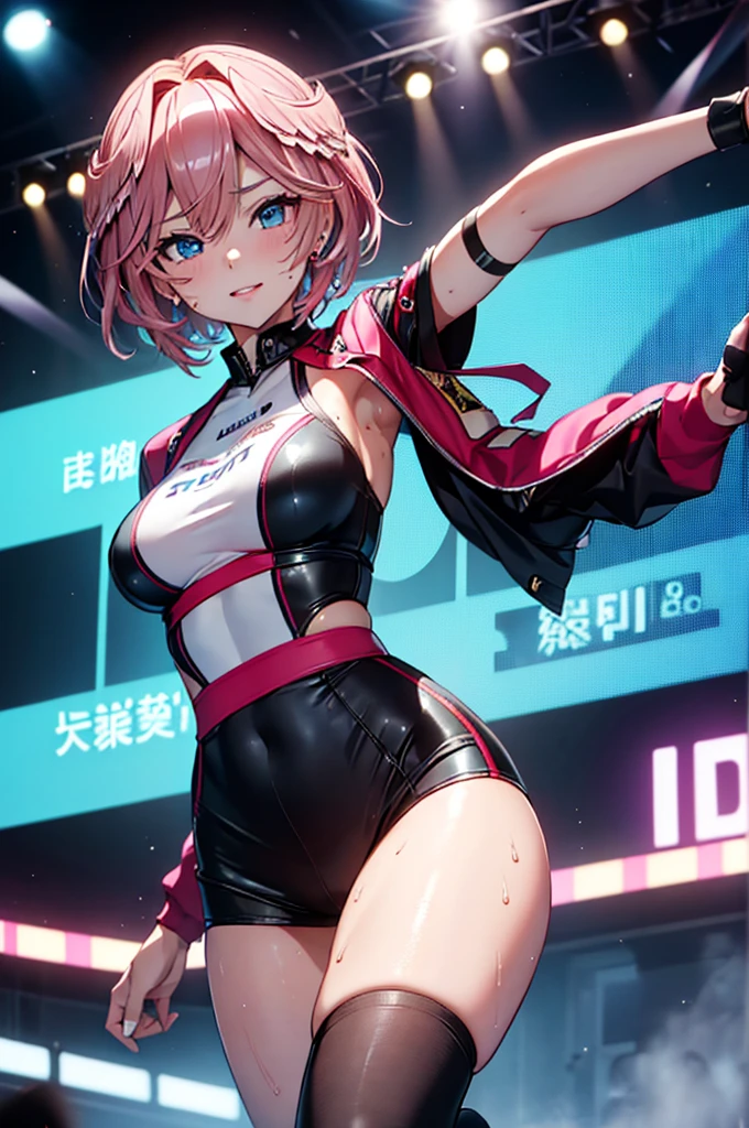 Lui takane, ( high definition , masterpiece, best quality, Full-HD, 8k, 16k:1.37), looking at us, frame position , detailed face、adult woman,  smile, Tall,  slender figure, pink short hair, blue eyes, woman, cheerleader costume, (raising her leg, dynamic:1.3), cheering,  black and pink,　(sweat:1.35)、 on the stage, stage lights, perfectly balanced face and body 、 