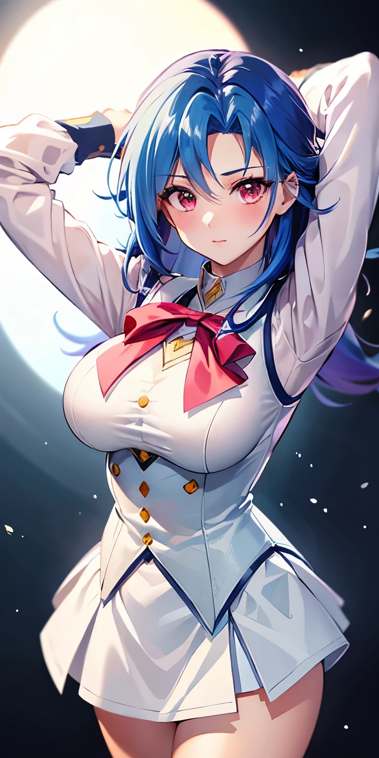 1 Female,High definition,high resolution,Ultra-realistic,8K, kr1, multicolored hair, dyed bangs, long sleeves, bow, pink dress, white vest, white skirt,tight skirt, miniskirt , large breasts,European,sexy,Upper body close-up,Photographed from the front,Dynamic Angles,(blush), (medium tits) ,(arms behind head)