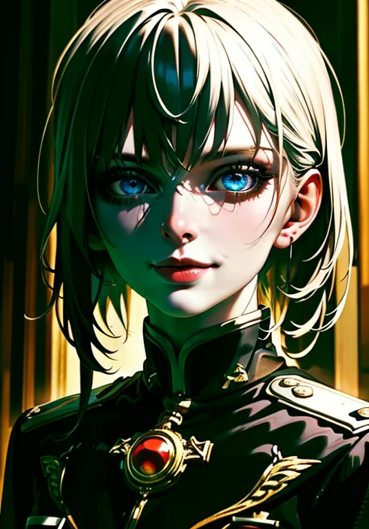 a beautiful young girl in a military uniform, (Degurechaff:1.2), smiling, psychotic blue eyes, detailed face, vibrant colors, sharp focus, intense lighting, surrealistic wartime setting, magical elements, (best quality,4k,8k,highres,masterpiece:1.2),ultra-detailed,(realistic,photorealistic,photo-realistic:1.37),portrait